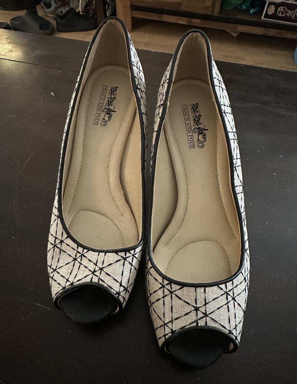 Coach and Four Women’s Peep Toe Pump Heels Geometric Fabric Black/Beige 7.5
